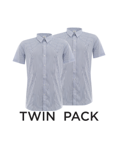 Plain Royal & White Striped Boys' Slim Fit Short Sleeve Shirt